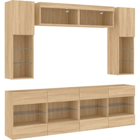 Conjunto de muebles de 6 piezas que incluye armario aparador y mueble de TV para salón dormitorio y comedor con luces LED acabado roble marrón Sonoma 020025355