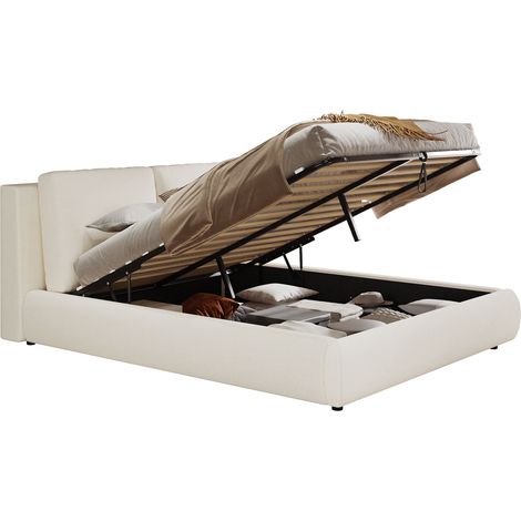 Polsterbett, Doppelbett mit Stauraum und Geneigtem Kopfteil, ohne Matratze, Beige (1/5)