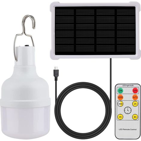 Solar Light Bulb - 3 W - Integrated Solar Panel - 3.5 M Charging Cable - Remote Control - For Camping Garden Shed Outdoor Use - Pack Of 2 (1/5)