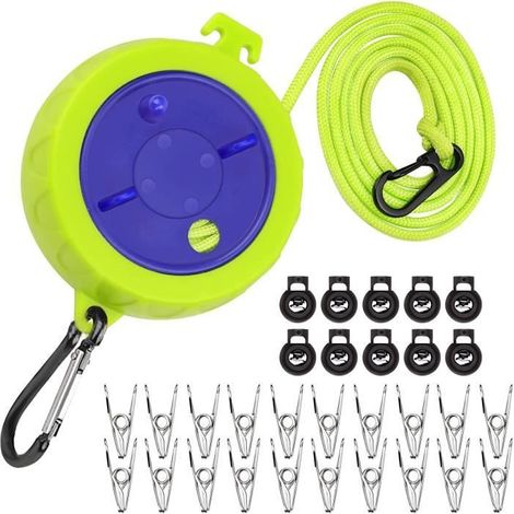 10m Étendoirs, Corde à Linge Rétractable de Camping, corde à linge portable de Voyage avec 20 Pinces+10 Boucle pour Voyage, Camping (1/4)