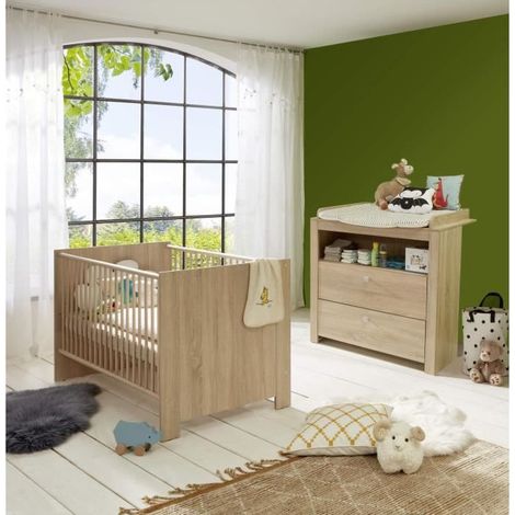 Les Tendances – Chambre bébé complète – Lit 70 x 140 cm avec 3 barreaux amovibles – Commode à langer en chêne naturel structuré – TREND TEAM