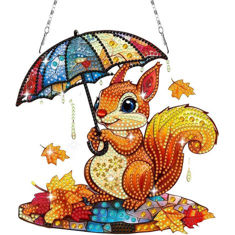 Diamant Malerei Anhänger Eichhörnchen mit Regenschirm, Fensterbild Bastelset für Erwachsene & Kinder (1/4)