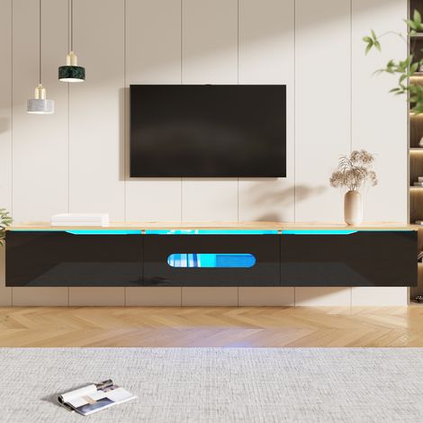 Neche – Meuble TV noir et naturel avec éclairage LED 16 couleurs – Dimensions 180 x 35 x 30 cm – Montage au sol ou mural – Finition brillante