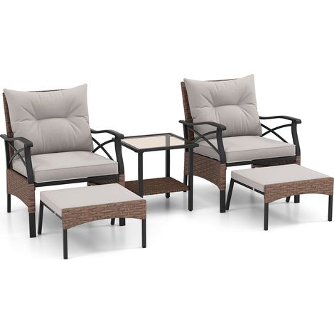 Salon de jardin marron 5 pièces en résine tressée avec 2 poufs, coussins et table en verre trempé pour terrasse, balcon et jardin (1/5)