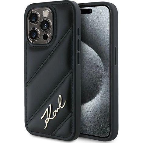 Karl Lagerfeld KLHCP15LPQDSMGK iPhone 15 Pro 6,1 Zoll schwarze/schwarze Hartschalen-Hülle mit diagonal gestepptem Schriftzug (1/5)