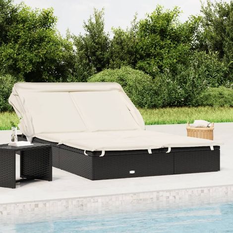 Transats 2 places avec toit pliable, Chaise longue, Bain de soleil noir 213x118x97 cm ZSE4333 (1/5)