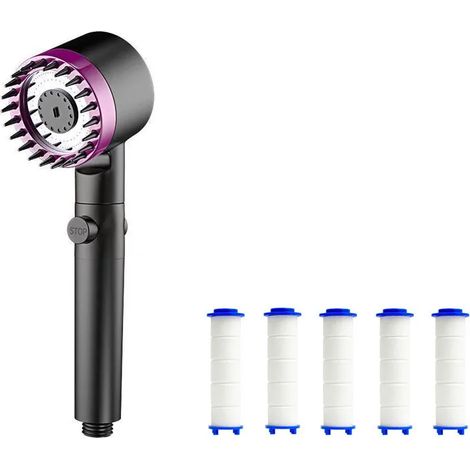 (Ensemble violet A) Filtre de douche portable Trois modes de débit d'eau Pommeau de douche Massage Accessoires de salle de bain Boutons d'arrêt d'eau à un clic (1/5)