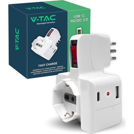 V-TAC Multipresa Elettrica USB C Power Delivery 20W + Porta + 1 Presa Laterale 10/16A Bipasso e 1 Frontale 10/16A Bipasso Schuko - Adatatore Multipresa Type-C per Casa, Ufficio (1/5)