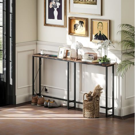 Table console 160x20x80 avec prises bois marron OKMYHOME (1/5)