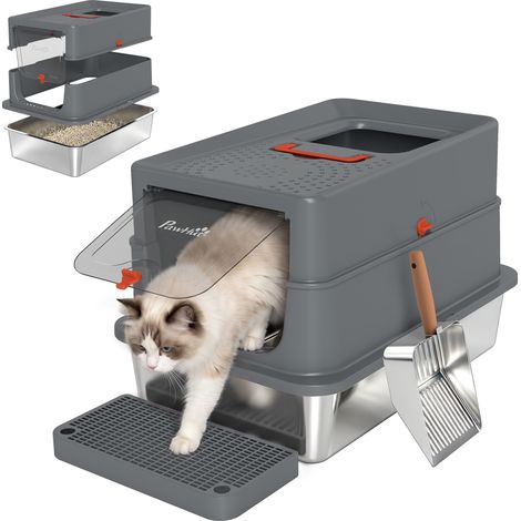 PawHut Stainless Steel Cat Litter Tray with Lid, Step, Scoop, High Side (1/5)