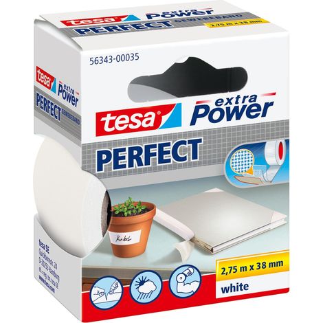 tesa extra Power Perfect - Ruban Adhésif Toilé - Ruban de Réparation pour Artisanat, Fixation, Renforcement et Étiquetage - Blanc - 2,75 m x 38 mm (1/5)