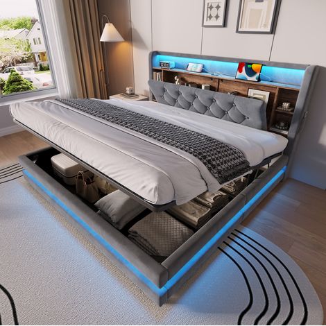 Lit coffre 160x200 cm en velours gris foncé, gain de place pour chambre adulte FloraGrace (1/5)