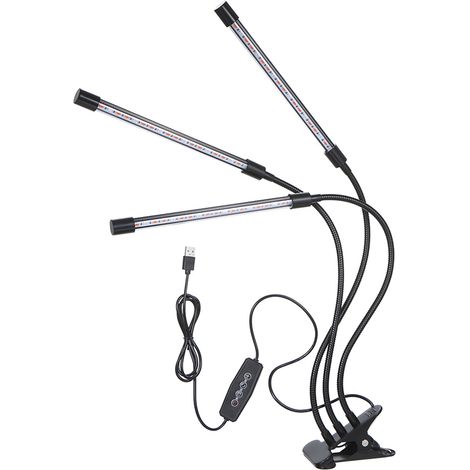 Lampe culture LED 3 têtes DC5V 27W, bras flexibles 360°, LED rouge et bleu, clip USB, arrêt auto minuterie 3/6/12H, 5 niveaux luminosité et 3 modes spectre pour plantes intérieur hydroponie (1/3)