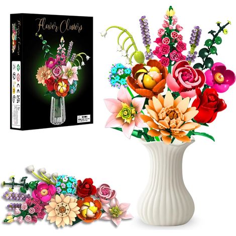 Flower Clusters - Bouquet de fleurs éternelles - 762 pièces - Avec hibiscus, rose, lys, lavande et plus - Kit de décoration DIY pour le salon, Noël, blocs de construction pour adultes et enfants à (1/5)
