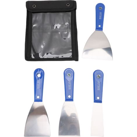 Set mit 4 Spachteln inklusive Aufbewahrungstasche, Metallgriff, Kohlenstoffstahl, Kunststoff, Werkzeug für Trockenbauarbeiten und Farbauftrag (1/5)