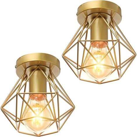 MINKUROW Plafoniera Industriale a Gabbia Metallica in Ferro Battuto, Lampada a Sospensione retrò Lampadario a Soffitto Stile Vintage, Base E27 Ø16cm (Set di 2 Oro) (1/5)