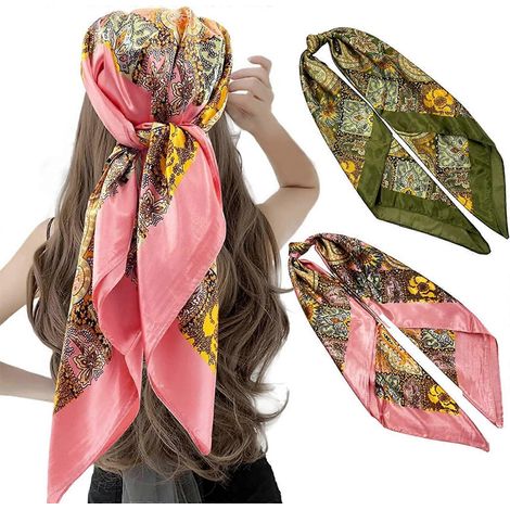 AVEKI Set aus 2 seidigen Satin-Haartüchern, 89 cm lang, leicht, zum Tragen auf Kopf, Hals und Gesicht. Rosa-olivgrünes Paisley-Muster. (1/5)