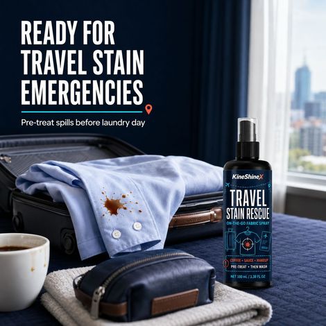 KineShineX Travel Tragbares Notfall-Fleckenentferner-Spray: Vorbehandlung von Flecken auf Kleidung, Kaffee, Soße und Kosmetika vor dem Waschen. (1/4)