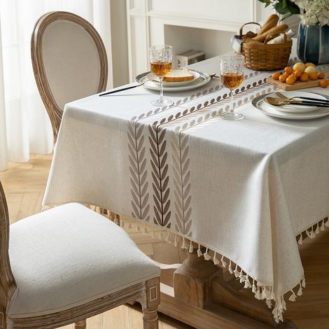 Mantel de lino beige con diseño de hojas, 140 x 180 cm, 1 pieza, elegante mantel con flecos, impermeable, resistente a las manchas, para cocina, comedor, fiestas, jardín, duradero. (1/5)