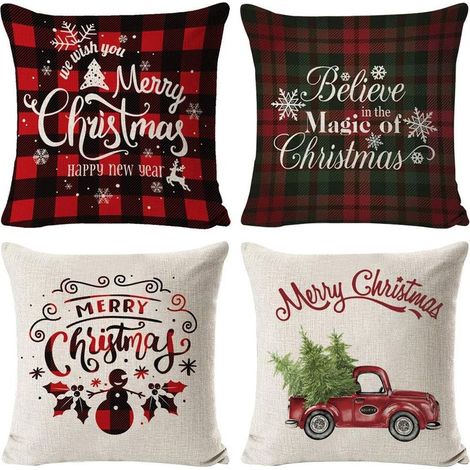 Lot de 4 Taies d'Oreiller Lin Noël, Décor Arbre Renne Flocon Neige, Housse Coussin Maison Chambre Fête (1/4)