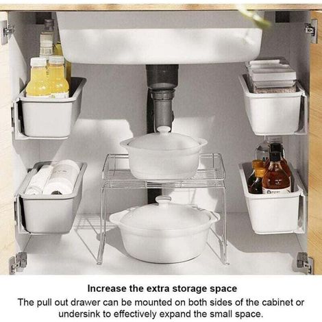 paniers de rangement pour placard de cuisine, tiroirs de rangement coulissants en plastique, organisateur de placard sous évier, tiroir coulissant pour cuisine et salle de bain sous comptoir (blanc)