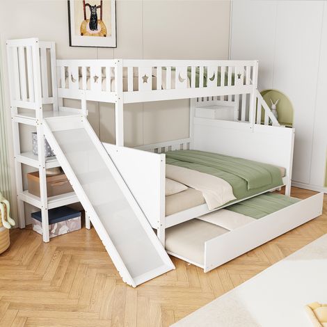 Lit superposé blanc 90x200/140x200 cm en bois massif avec toboggan, étagère, échelle de sécurité, lit gigogne et sommier inclus
