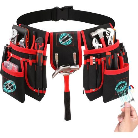 Ceinture porte-outils 26 poches, 1 porte-marteau magnétique amovible et réglable, idéale pour perceuses, cloueuses, vitriers, électriciens et charpentiers - Rouge (1/5)