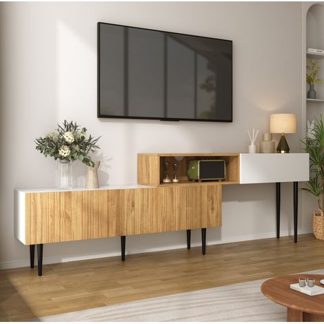 Modulares TV-Lowboard mit verstellbarer Länge, 2-teilig, Holz und Weiß, schwarze Metallfüße HAVRYA (1/5)