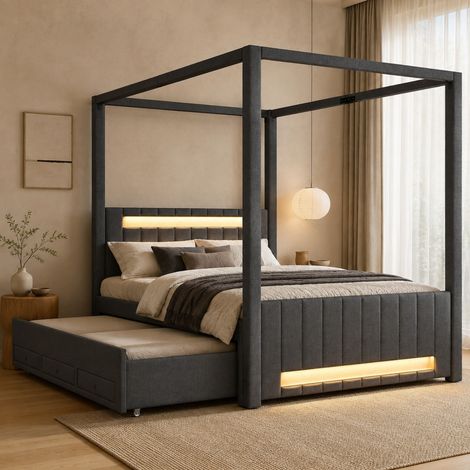 Letto estraibile 140/200 cm in grigio con LED, 3 cassetti e struttura a baldacchino (1/5)