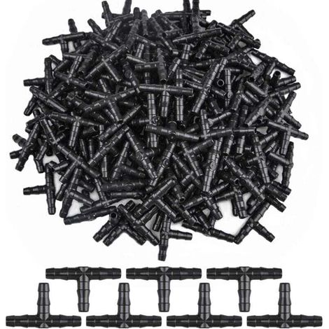 300 conectores en T de 3 vías para riego por goteo de púas, adaptador de tubo en T para manguera de jardín, sistema de riego por goteo de púas de 4/7 mm (1/4)