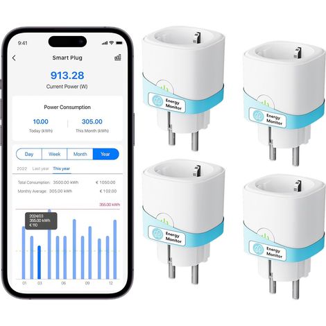 Prise Connectée Type F 16A WiFi Compatible Alexa Google Home Lot de 4 avec Mesure Consommation Électrique Commande Vocale Contrôle Distance (1/5)