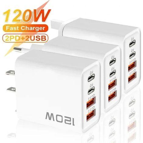 Chargeur USB-C 4 ports 120 W, compatible Quick Charge 3.0, avec adaptateur de charge rapide pour Samsung, iPhone, Xiaomi et Huawei. (1/4)