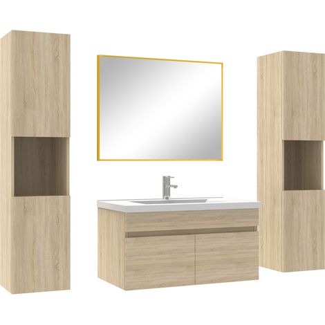 Ensemble meubles Salle de Bain 80cm simple vasque avec colonne + miroir mural Chêne Wotan (1/5)