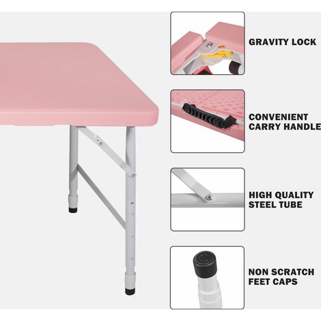 Table pliable portable 125 cm rose avec poignée,hauteur réglable,capacité 135 kg. Adaptée au camping intérieur et extérieur. (1/5)