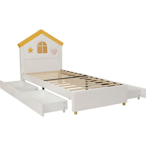 Lit enfant 90x200 cm en velours beige avec 4 tiroirs, lit cabane rembourré (1/5)