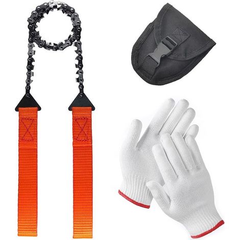 tronçonneuse à main (orange) + gants Scie à chaîne portative, outil de transport de bois de chauffage pour le camping, scie à chaîne, scie à fil, outil de survie (1/5)