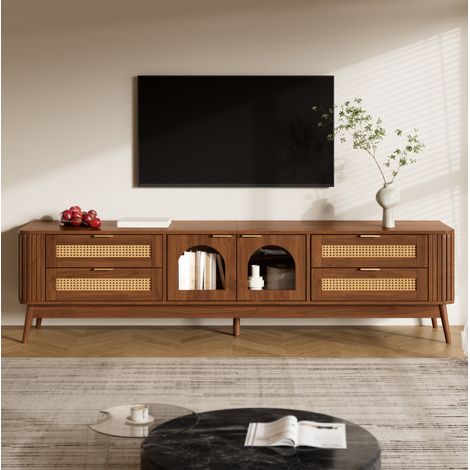 Meuble TV 4 tiroirs, portes en verre securit et LED 180x40x50 cm noyer, panneaux de bois FloraGrace (1/5)