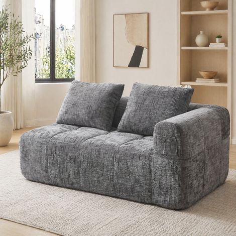 Sofá 158/90/60 cm gris de chenilla, con bolsillos laterales y cojín incluido (1/5)