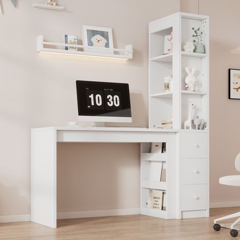 Escritorio con librería, 120 cm, 3 cajones y espacio de almacenamiento lateral, MDF blanco, para uso diario. (1/5)