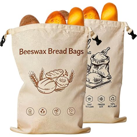 Lot de 2 sacs à pain en cire d'abeille - 43 x 32 cm - En coton - Avec fermeture à boucle - Pour le stockage du pain, des baguettes, des fruits, des légumes (1/5)