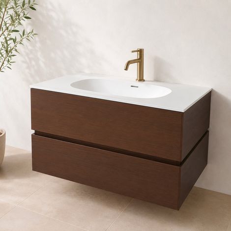 Meuble de salle de bain suspendu 90 cm finition noyer  2 tiroirs - KAAN - INOBATH (1/5)
