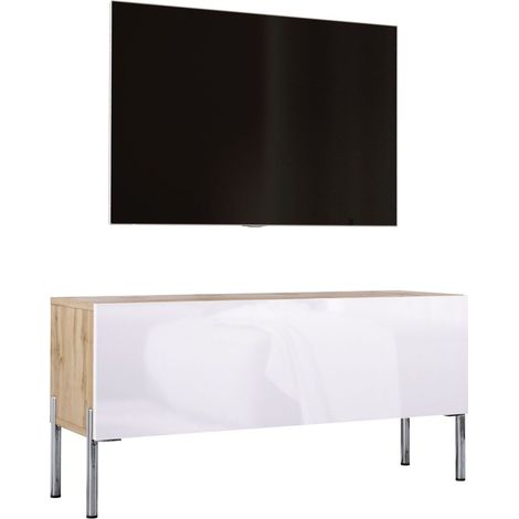 Meuble TV Chêne Wotan / Blanc Brillant, pieds En Chrome, 100 × 52 × 32 cm (1/5)