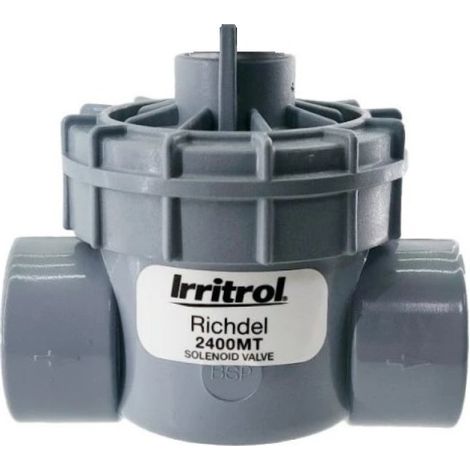 Electrovanne 1" BSP femelle – Corps PVC – Pression 0,7 à 10 bars – Débit 1-120 LPM – Ouverture manuelle avec purge interne/externe – Irritrol