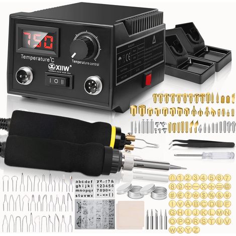 100 W Station de Pyrogravure Brûleur à Bois Station kit 165 Pcs Machine à Pyrographie 2 Stylos 5 Pointes Métalliques Température 0‑750 °C Double Connexion pour Bois Cuir Citrouille (1/5)