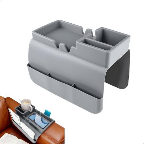 Accoudoir Canapé Silicone, Plateau Canape pour Ranger Téléphones Portables, Bouteilles D'Eau, Livres et Collations, Plateau Accoudoir Canapé Peu Encombrant, Grande Capacité, Gris, 1 Pièce (1/5)