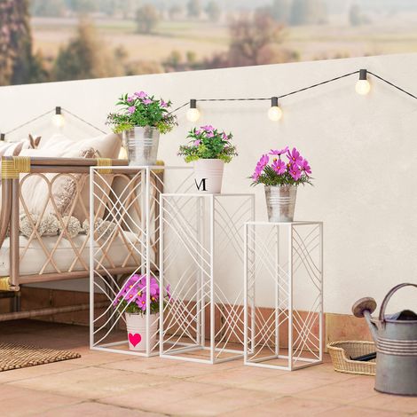 Set di 3 supporti per piante, altezza 50/60/70 cm, scaffali per piante in metallo impilabili, colore bianco