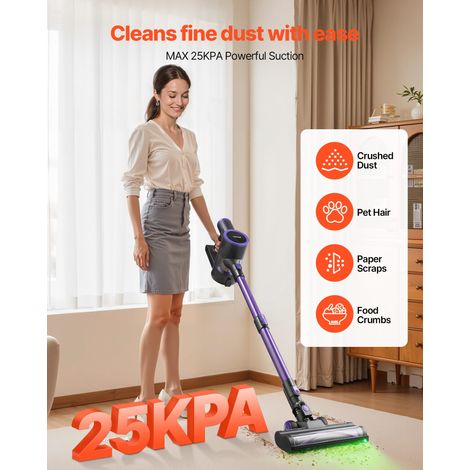 Aspirateur Balai sans Fil à Aspiration Puissante 25 kPa, Aspirateur Laveur Rechargeable Anti-enchevêtrement avec Bac à Poussière, Léger avec Autonomie de 35 Minutes, pour Tapis Poils Sols Durs (1/5)