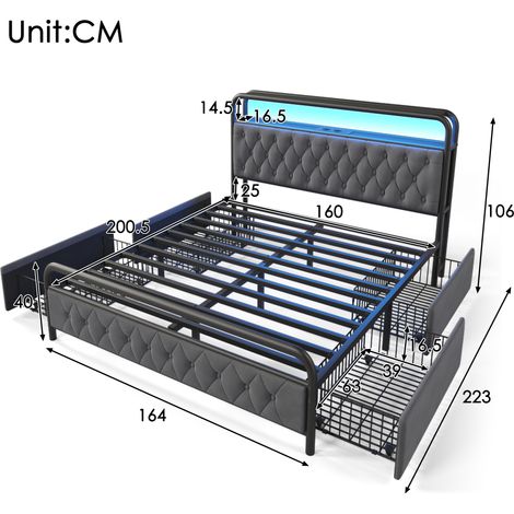 Lit double capitonné avec fonction de chargement USB Type C, contrôle par application, cadre de lit LED, sommier métallique 160x200 cm, cadre de lit et 4 tiroirs, velours (matelas non inclus) (1/5)