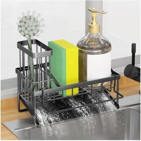 Organisateur d’Évier de Cuisine,Porte-Éponge avec Support Brosse & Chiffon,Rangement avec Système de Drainage Automatique–Montage sur Plan de Travail ou Mural(Noir) (1/5)