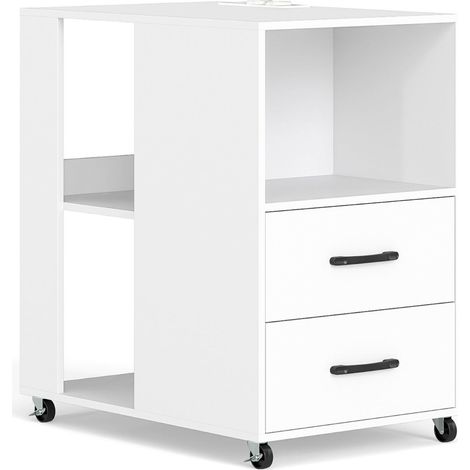 Mesa auxiliar con ruedas de 60 x 40 x 65,5 cm con estación de carga integrada y almacenamiento versátil en madera blanca 200018582